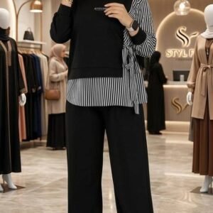 طقم كاجوال قطعتين مخطط أسود وأبيض